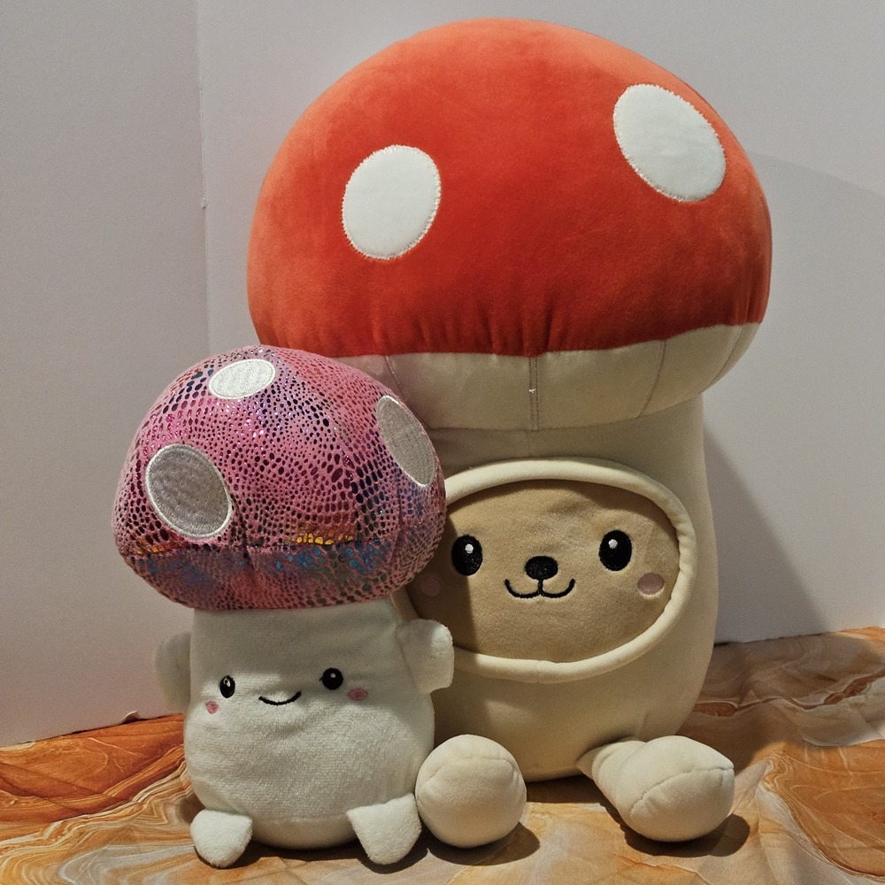Mushroom Plush Lot of 2 Large Red Pink Sparkle Kawaii Stuffed Animals